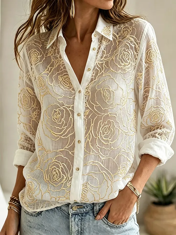 Women's Floral Rose Pattern Casual Linen Shirt