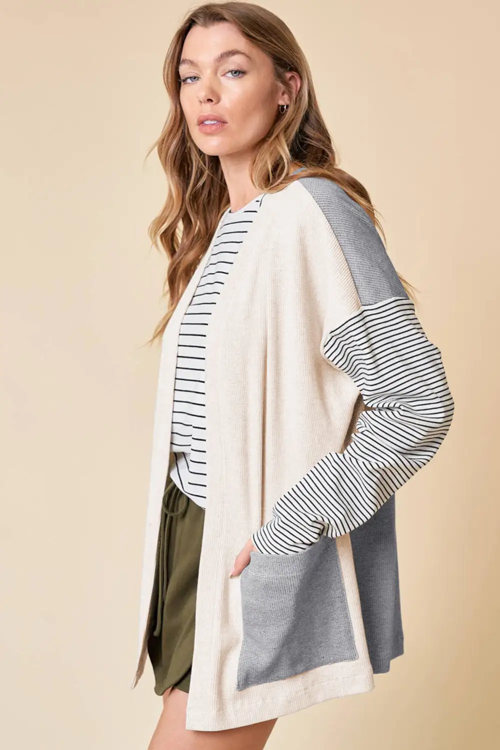 Color Block Patchwork Open Front Pocketed Cardigan