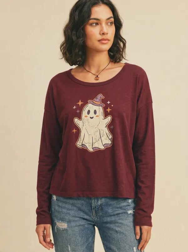 Women's Halloween Ghost Witch Hat Stars Printed Long Sleeve Top