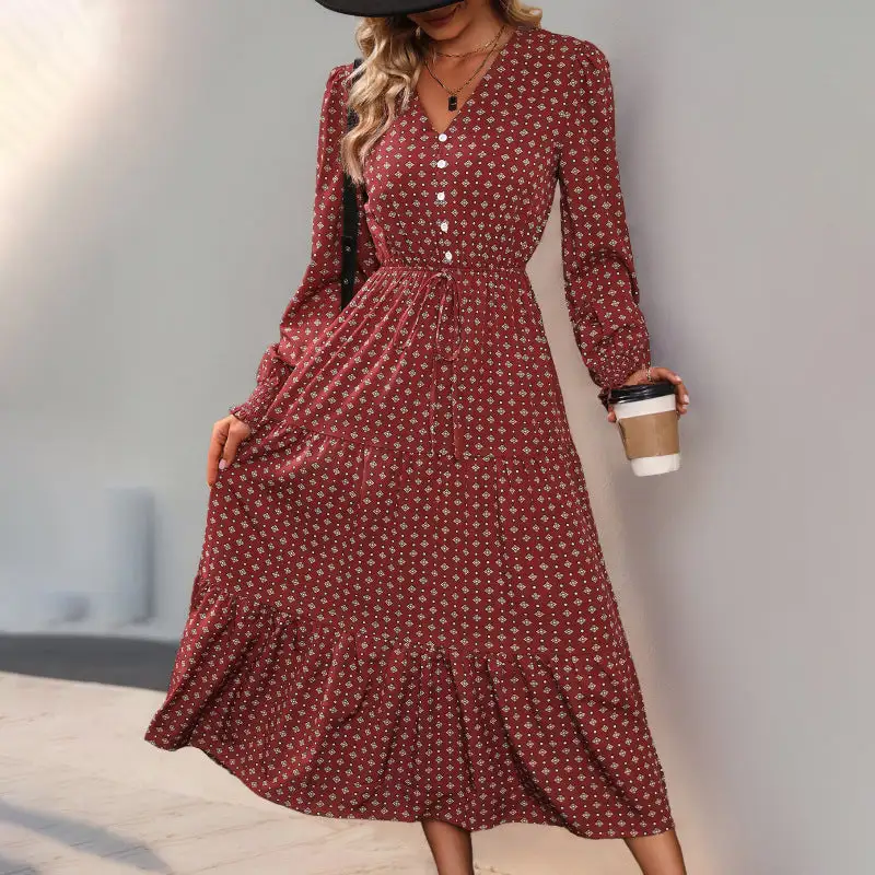 Women's V-Neck Long-Sleeve Ruffled Midi Dress