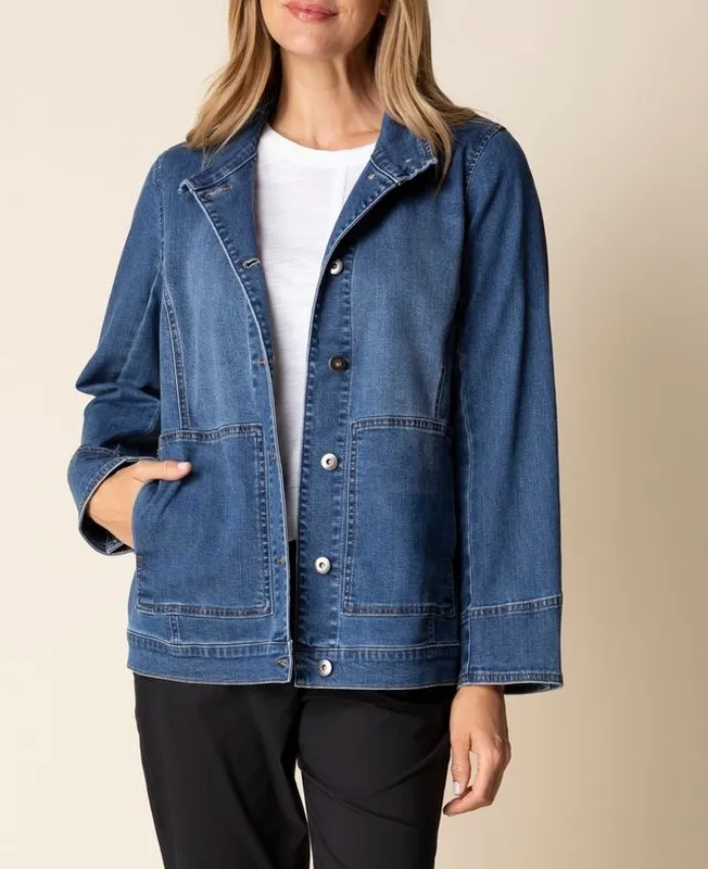 Cotton Denim Collared Button-Front Jacket