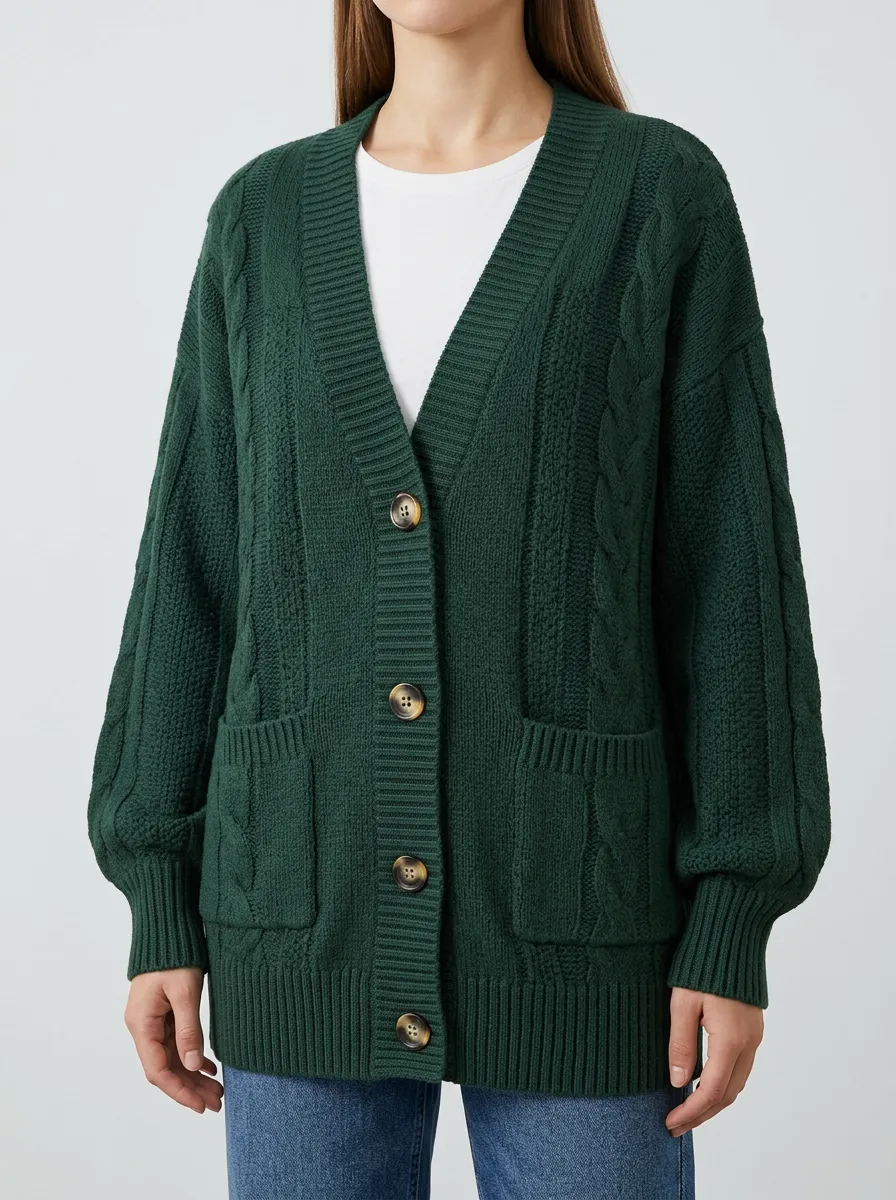 Women's Cable Knit Button Front V Neck Relaxed Cardigan