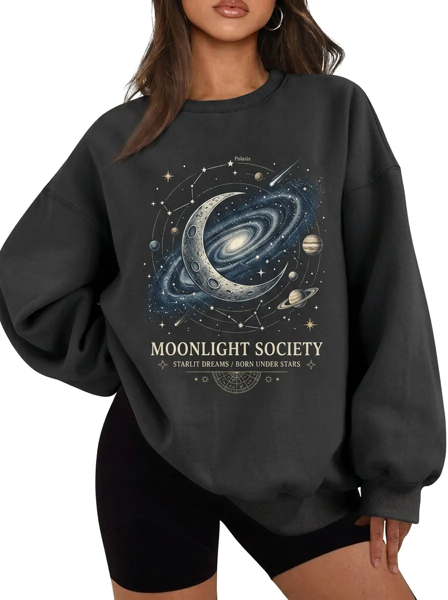 Women's Astronomy Lover Moonlight Society Galaxy Printed T-shirt