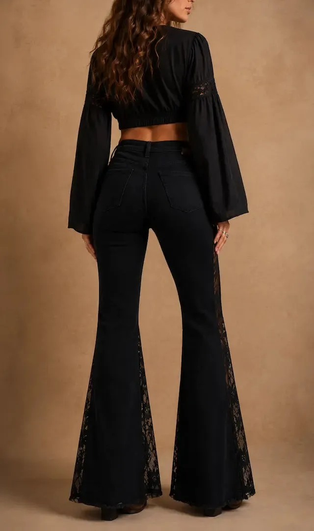 Lace Detail Flare Western Style Denim Jeans