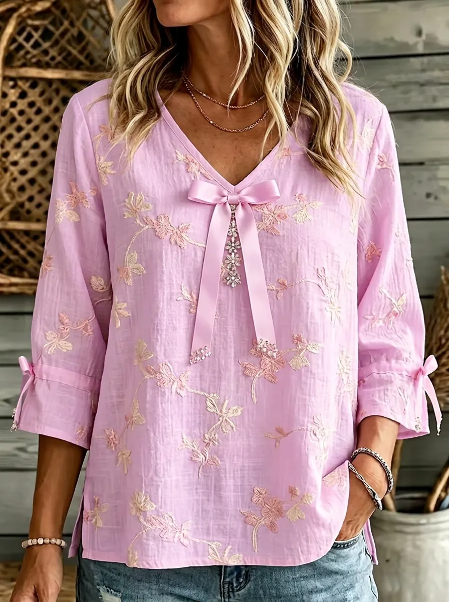 Women's V-neck Bow-detail Floral Embroidered Blouse