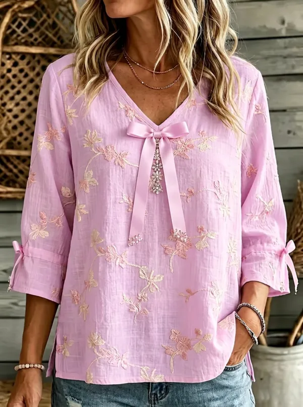 Women's V-neck Bow-detail Floral Embroidered Blouse