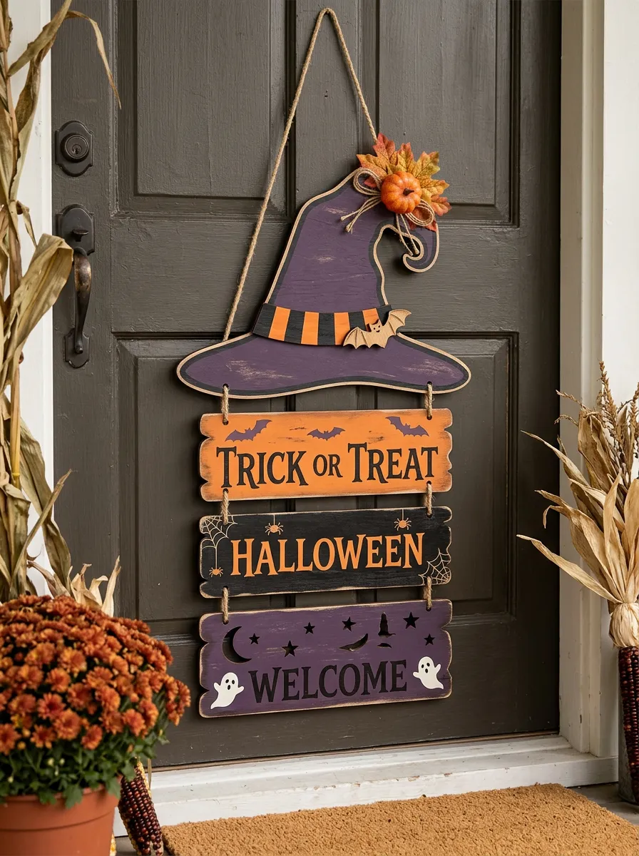 Halloween Witch Hat Trick or Treat Hanging Door Sign