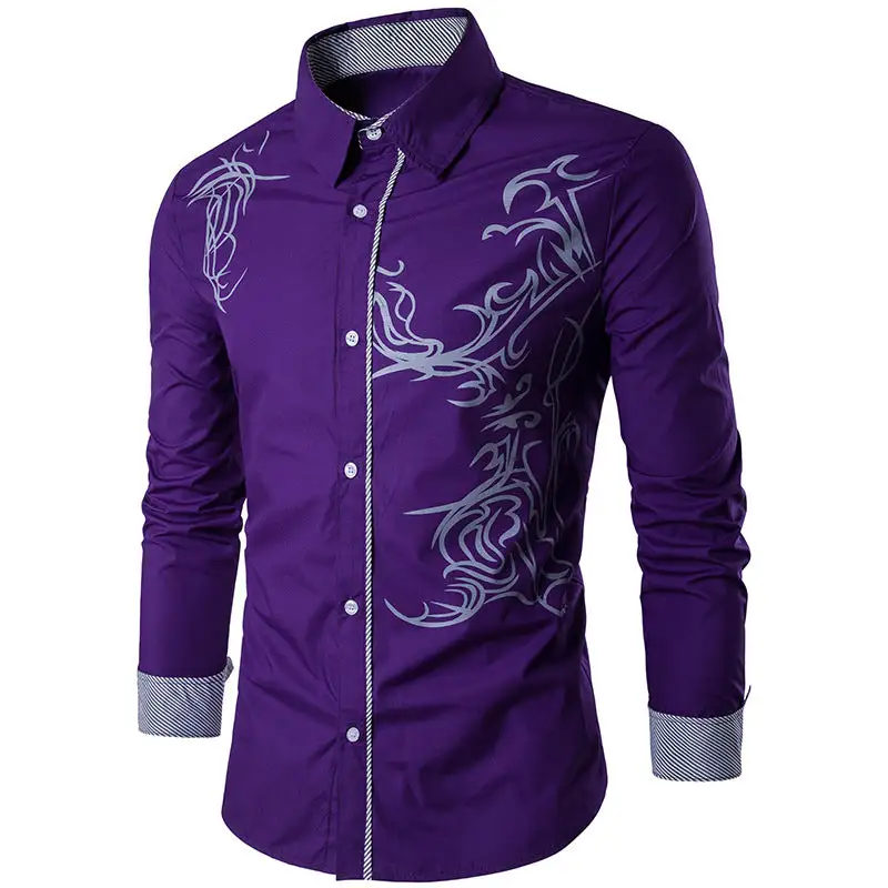 Men's Fitted Shirt With Tribal Print Concealed Button Placket And Contrast Collar