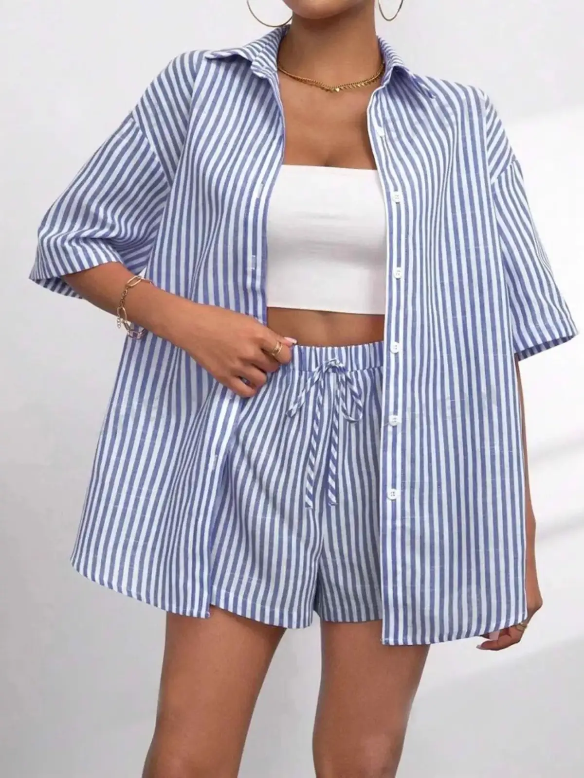 Refined Striped Shirt and Shorts Matching Set