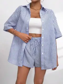 Refined Striped Shirt and Shorts Matching Set