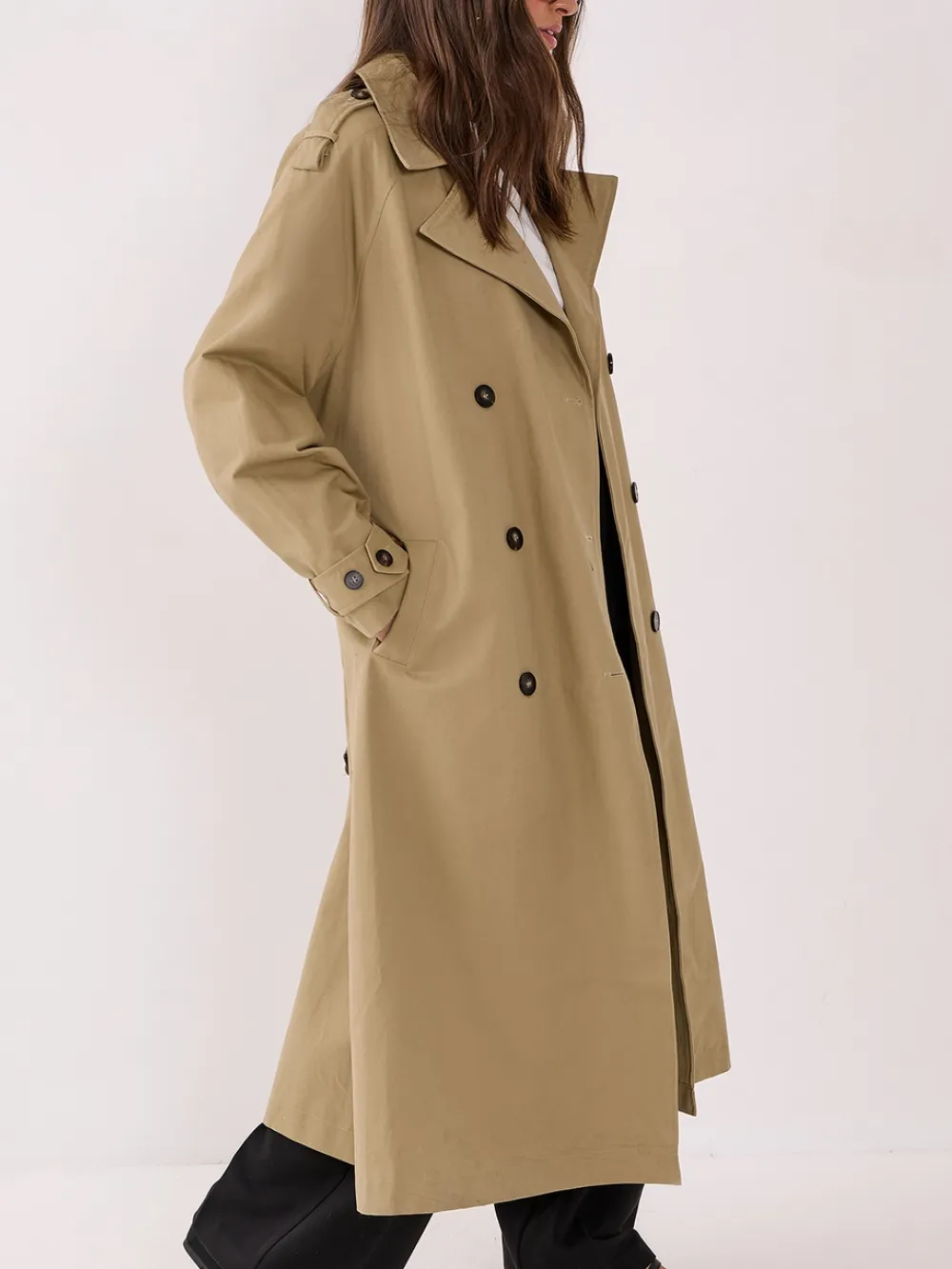 Women's Khaki Double-Breasted Long Trench Coat
