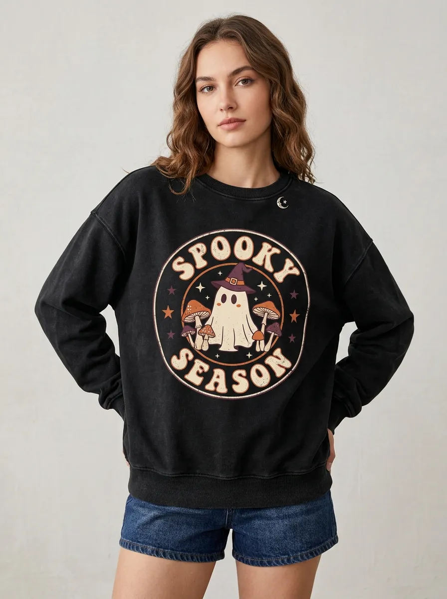Women's Halloween Spooky Season Ghost Mushroom Printed Sweatshirt