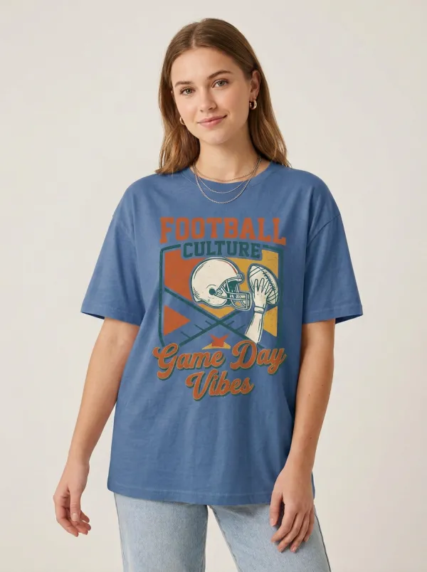 Women's Football Culture Game Day Vibes Retro Helmet Printed T-Shirt
