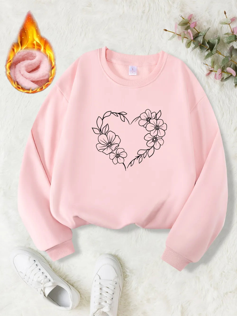 Pastel Pink Floral Heart Print Sweatshirt