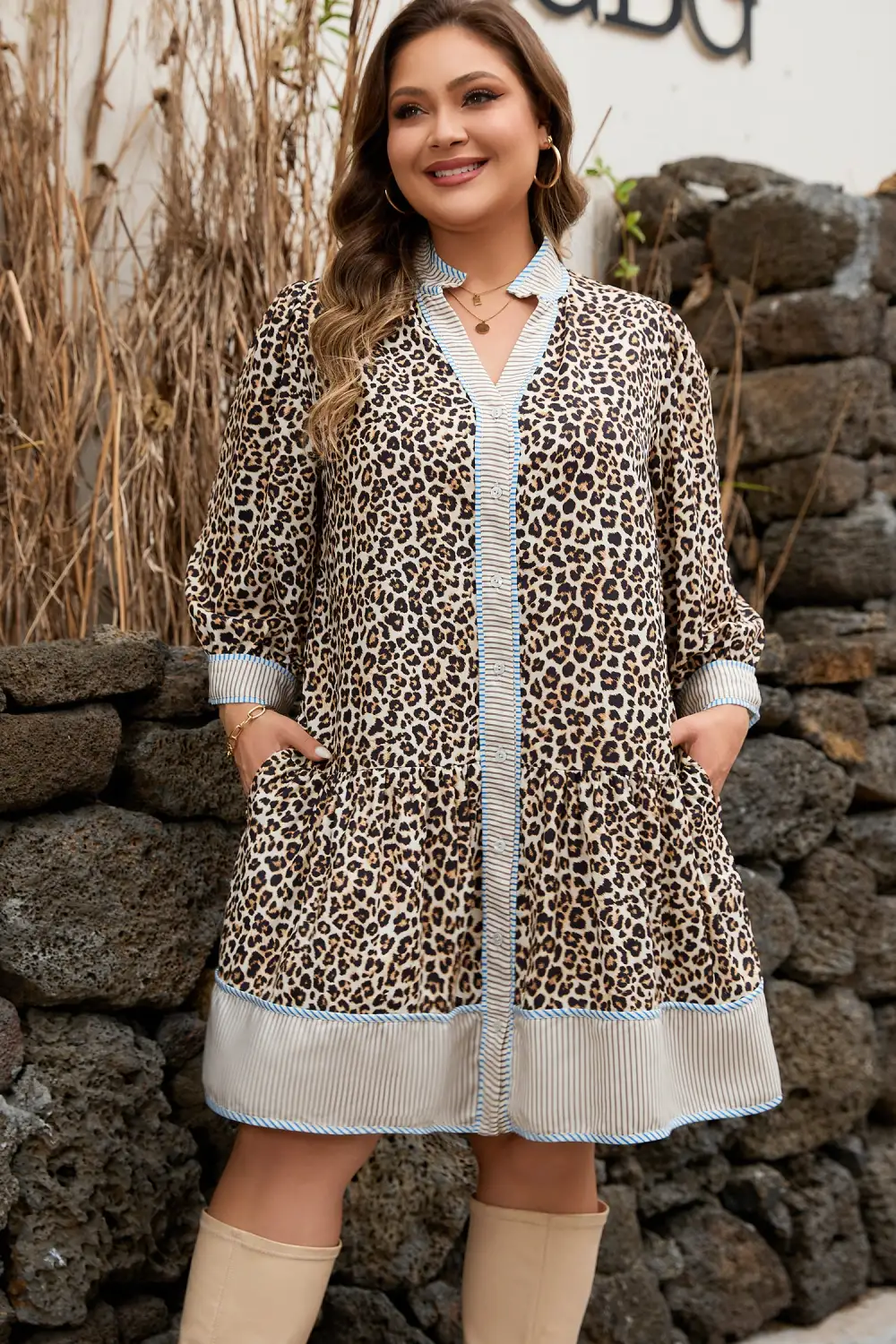 Lightweight Feel Striped Animal Print V Neck Mini Dress
