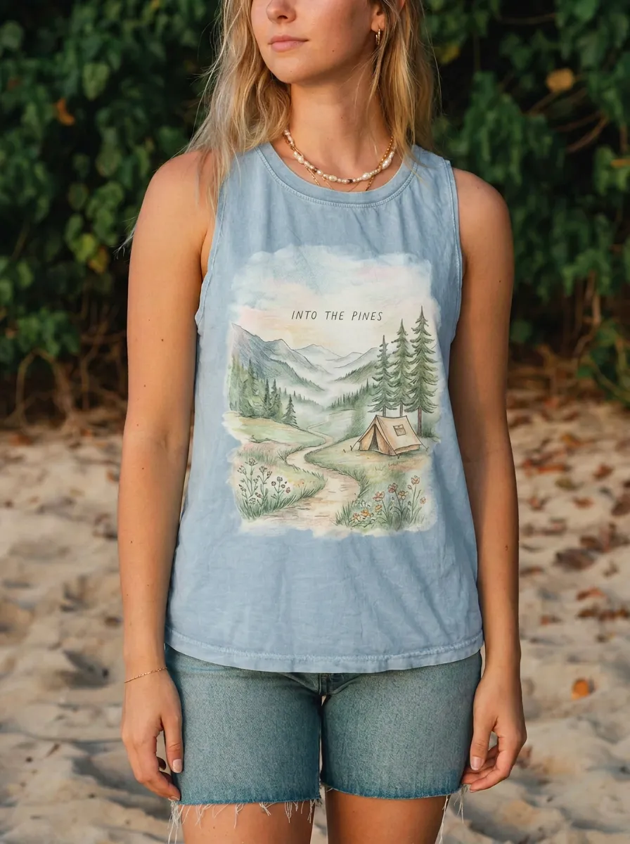 Women's Camping Lover Into The Pines Mountain Printed Tank Top
