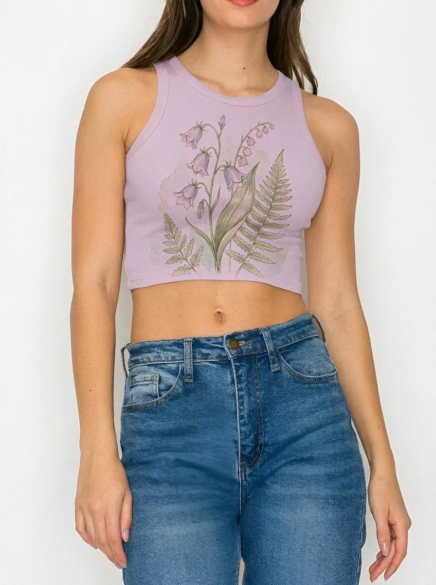 Women's Botanical Nature Lover Bellflower Fern Printed Crop Top