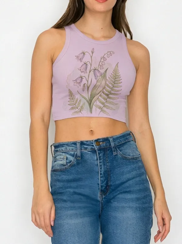 Women's Botanical Nature Lover Bellflower Fern Printed Crop Top