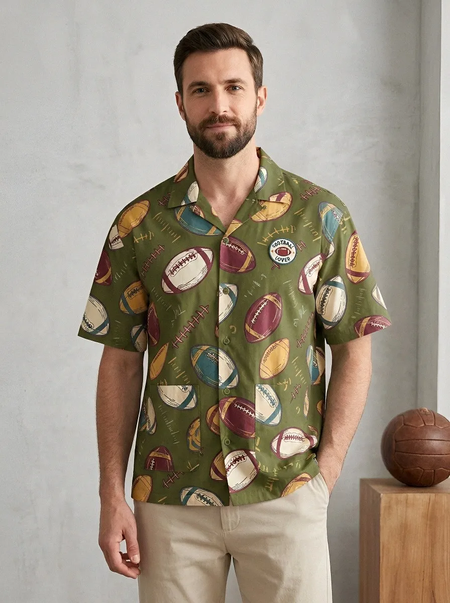Men's American Football Lover Rugby Ball Pattern Printed Aloha Shirt