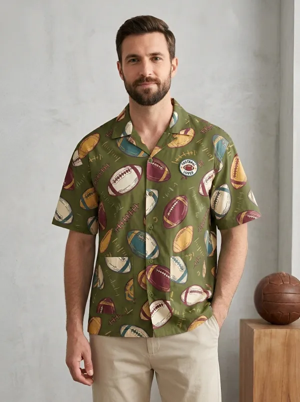 Men's American Football Lover Rugby Ball Pattern Printed Aloha Shirt