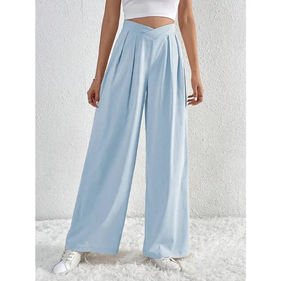 V Waisted Ruched Front Wide Leg Pants