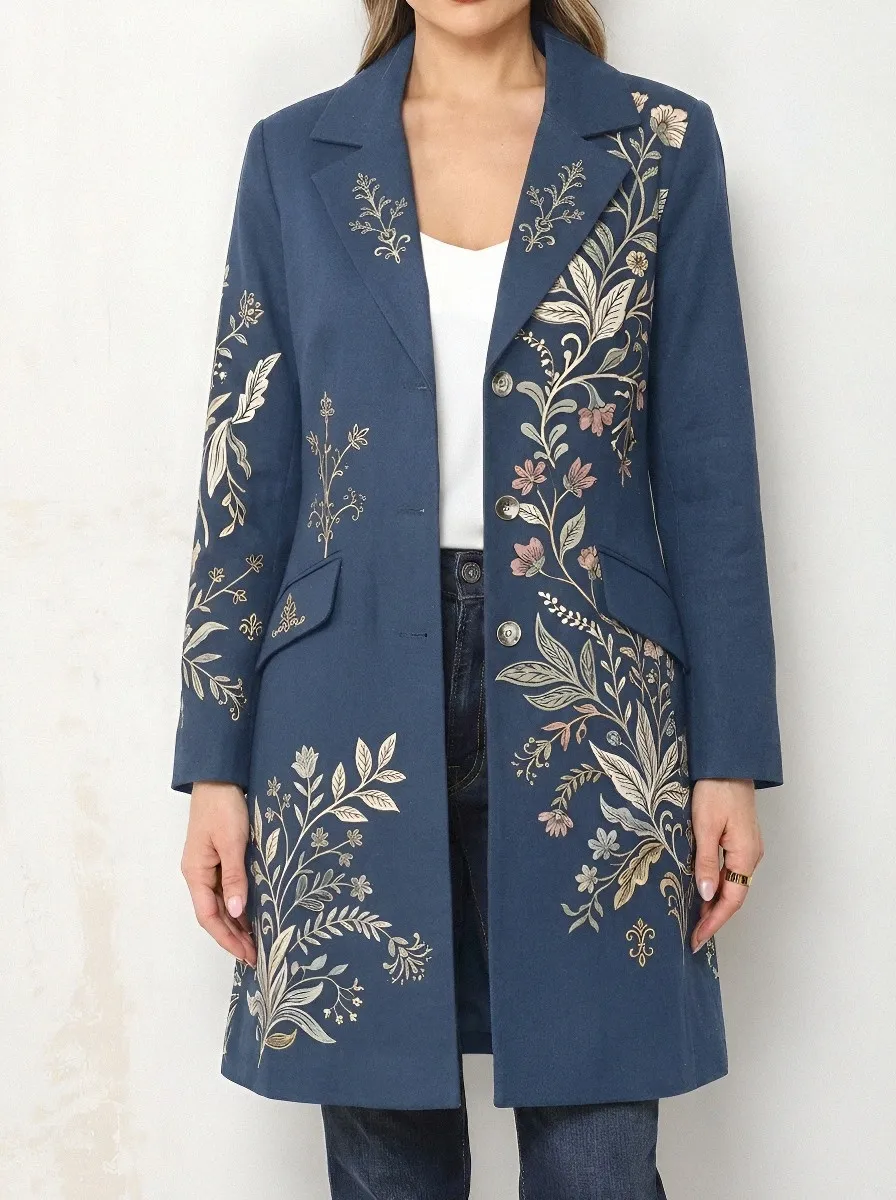Women's Three Button Floral Botanical Art Long Blazer Jacket
