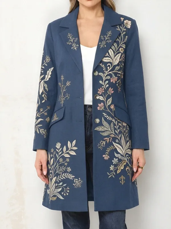 Women's Three Button Floral Botanical Art Long Blazer Jacket