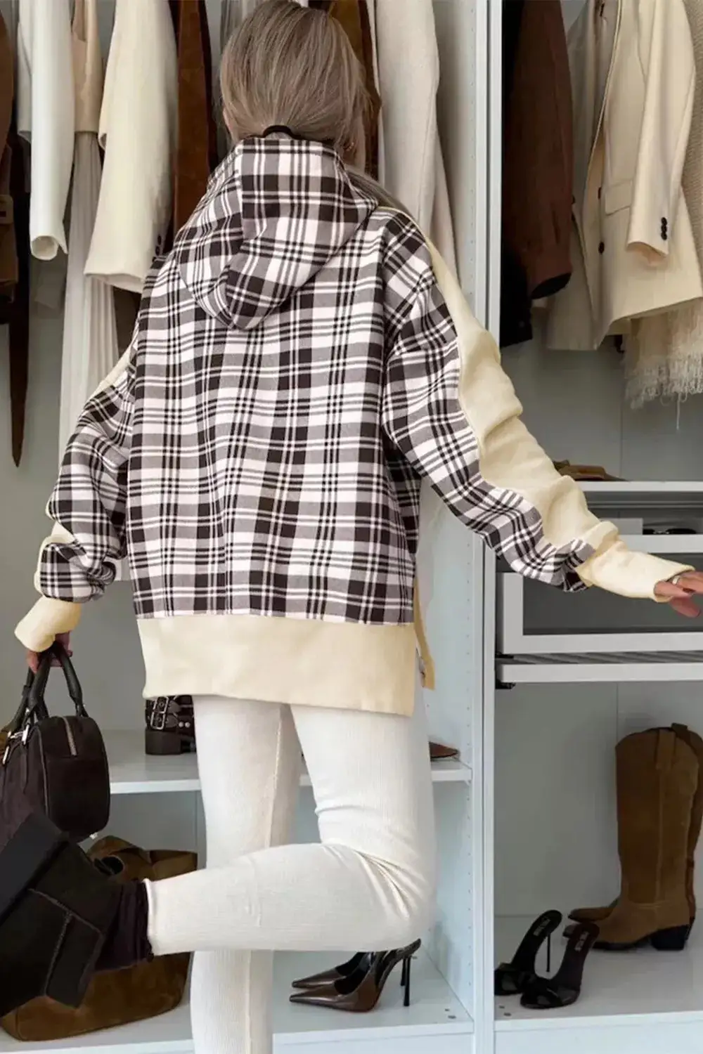 Drawstring Pocketed Long-Sleeve Plaid Hoodie