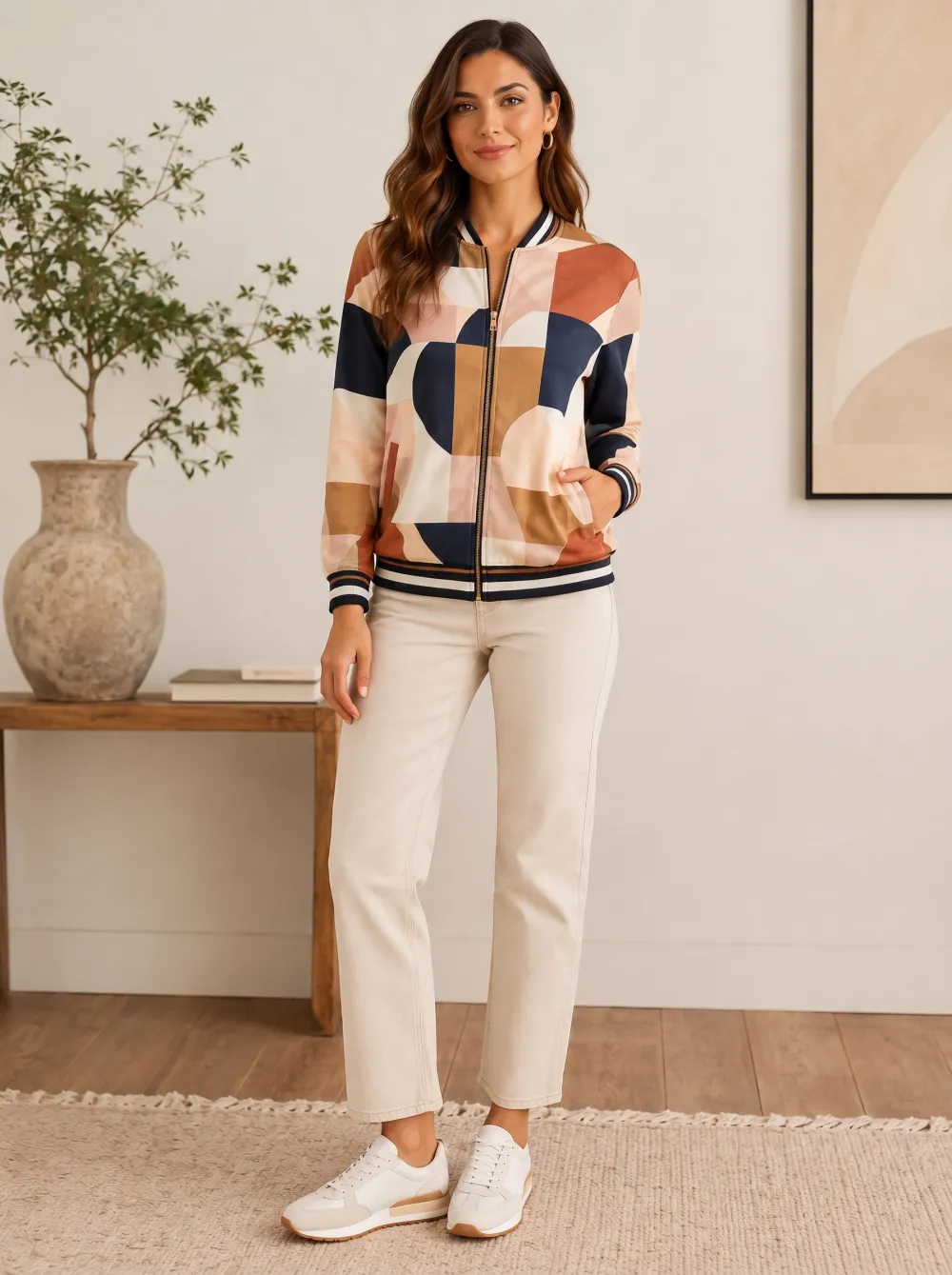 Women's Geometric Colorblock Ribbed Cuffs Bomber Jacket
