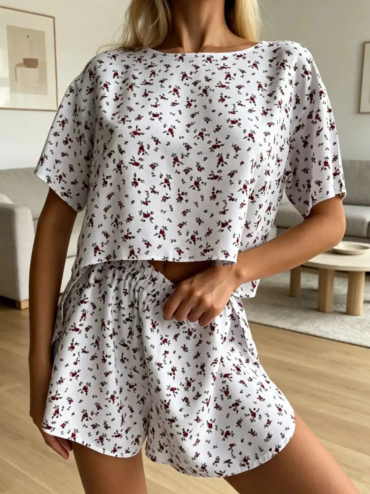 Refined Floral-Print Top and Shorts Lounge Set