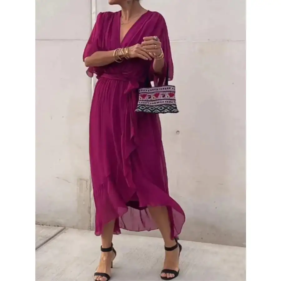 Full Size Flowy Tie Front Midi Dress with Flutter Sleeves Plus Size