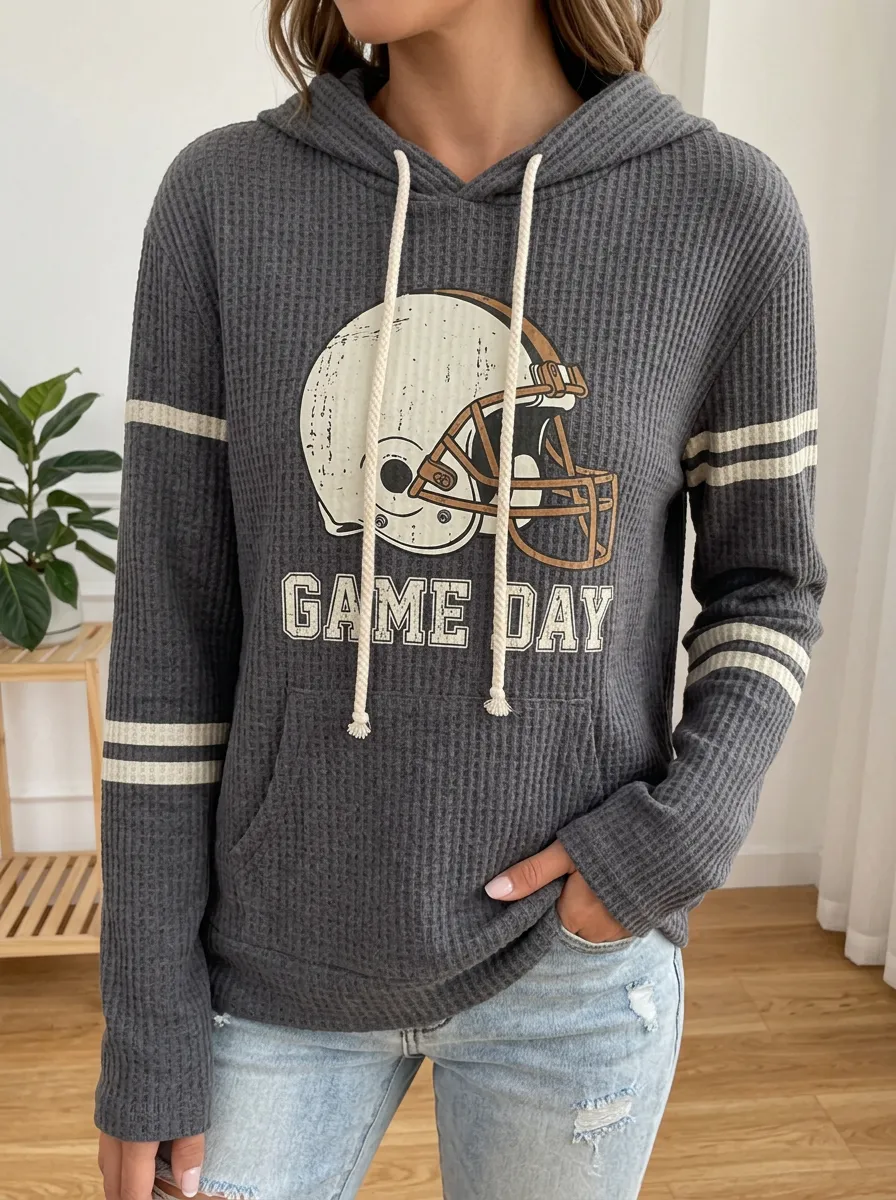 Women's Game Day Football Game Day Helmet Printed Waffle Knit Hoodie