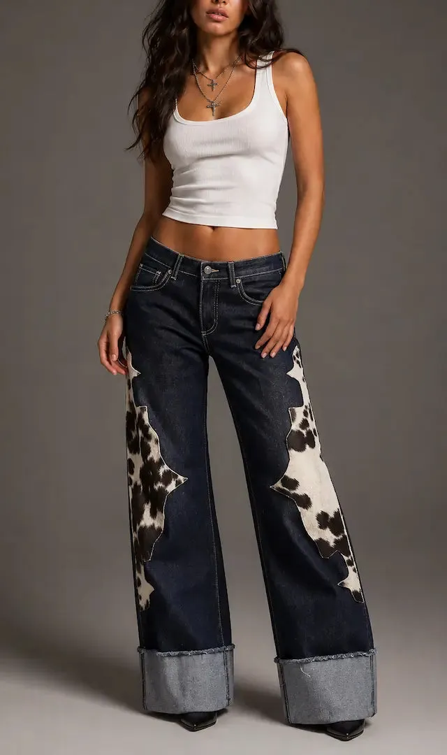 Low Rise Wide Leg Cuffed Rinse Wash Western Style Denim Jeans