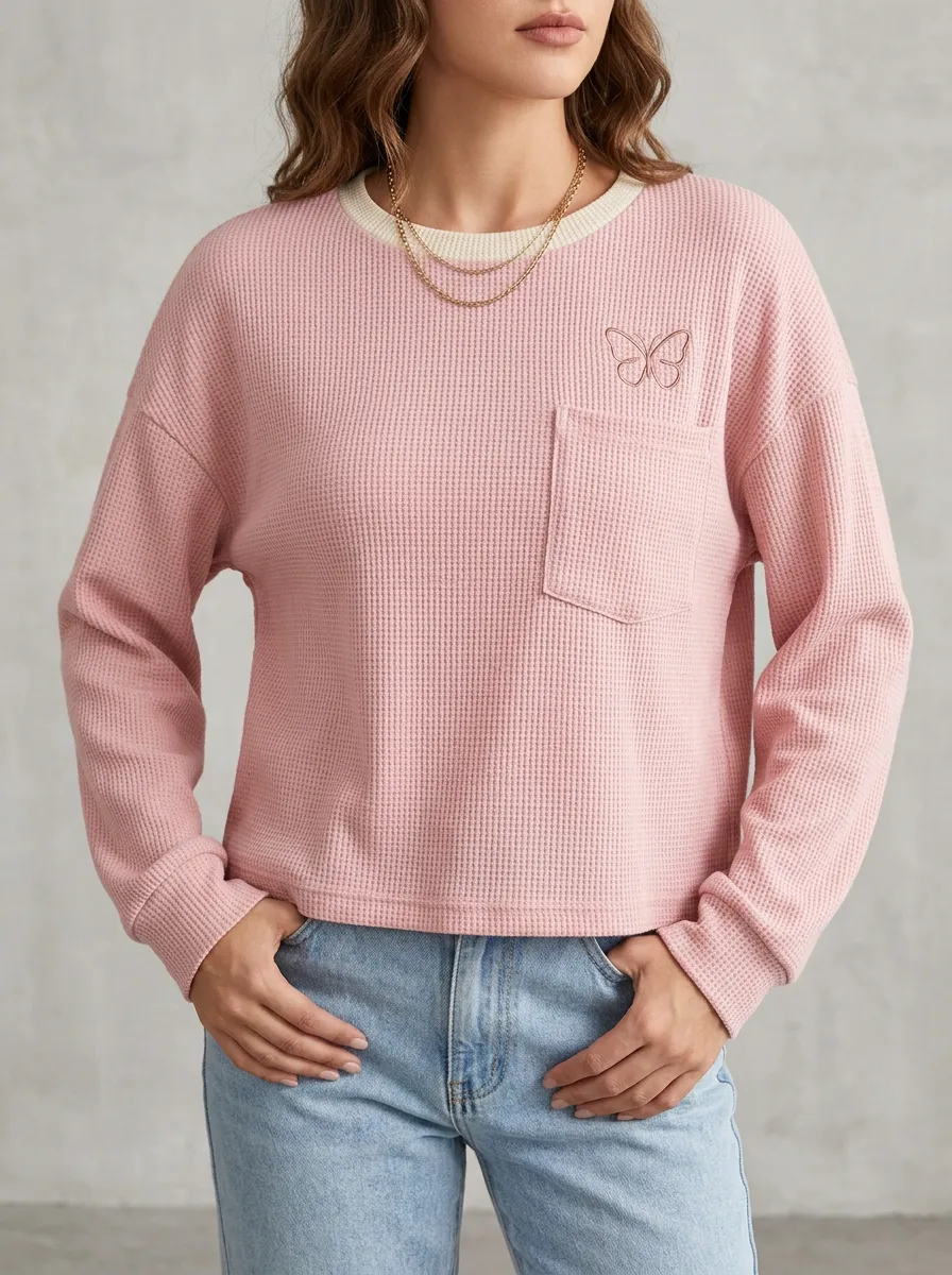 Women's Pink Butterfly Embroidered Waffle Knit Pocket Top