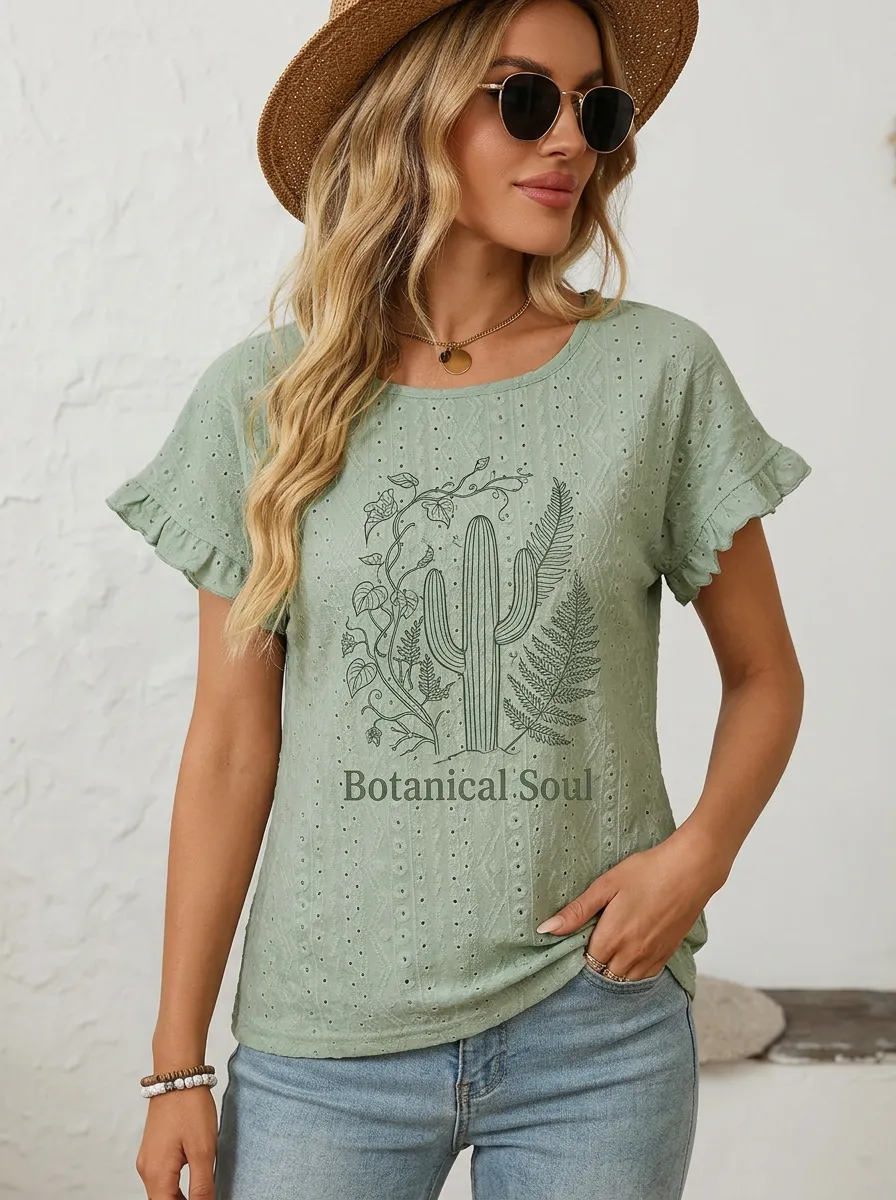 Women's Botanical Soul Cactus Fern Printed Ruffle Top