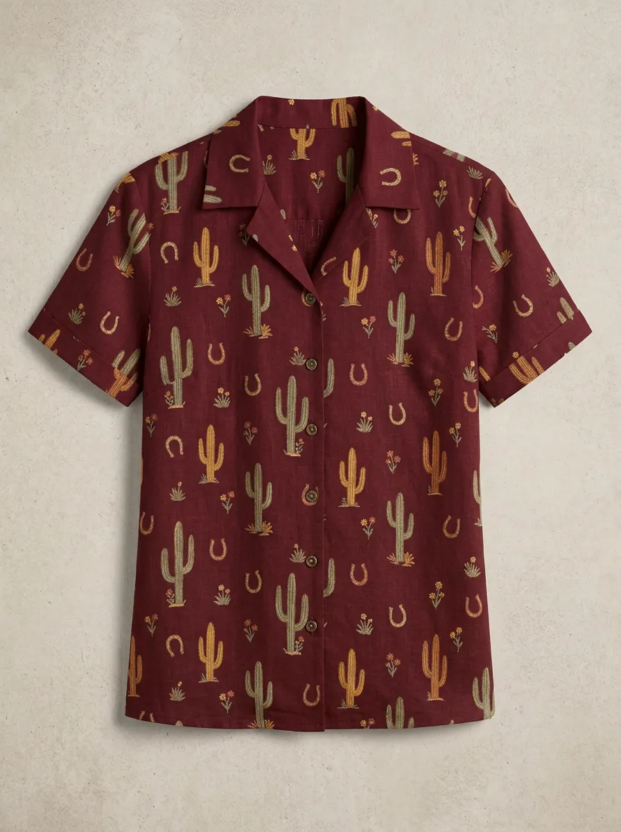 Women's Western Cowboy Cactus Horseshoe Printed Short Sleeve Shirt