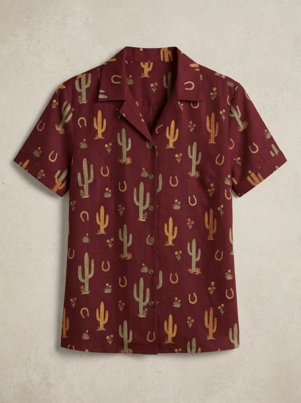 Women's Western Cowboy Cactus Horseshoe Printed Short Sleeve Shirt