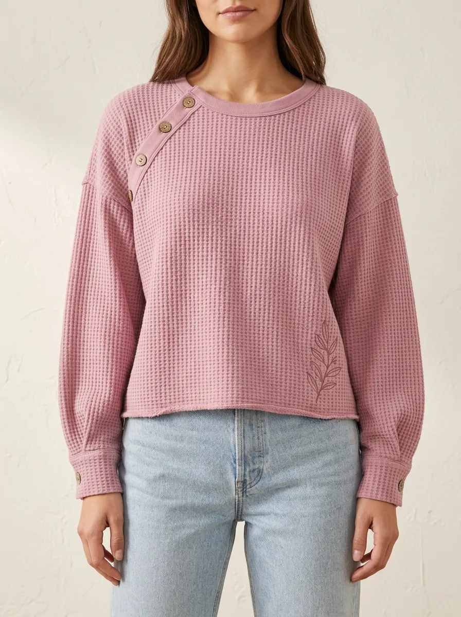 Women's Pink Waffle Knit Leaf Printed Button Detail Sweatshirt