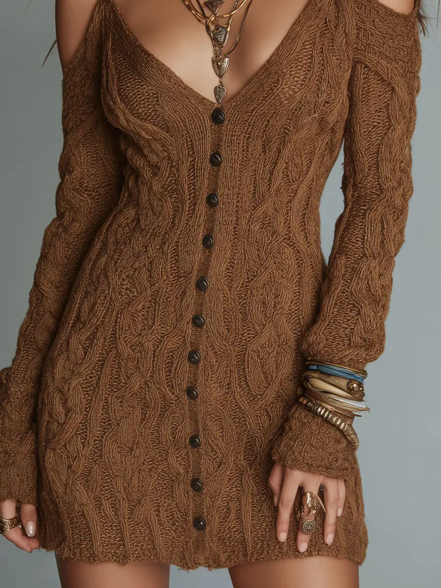 Retro-style Slim-fit Cable-knit Mini Dress With Shoulder Cutouts