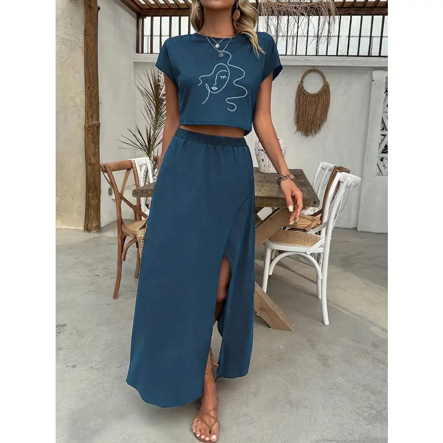 Flowing Round Neck Short Sleeve Top And Skirt Set