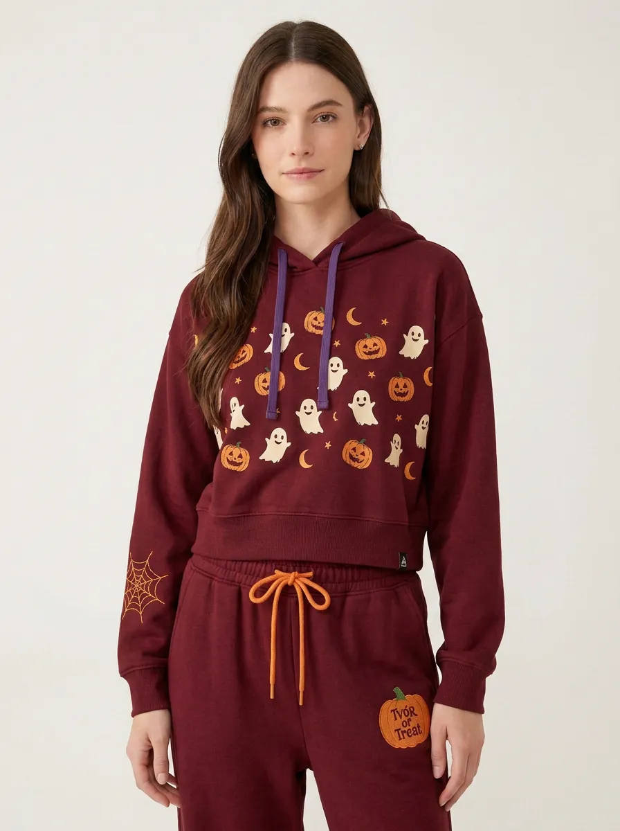 Women's Halloween Ghost Pumpkin Printed Hoodie and Joggers Set