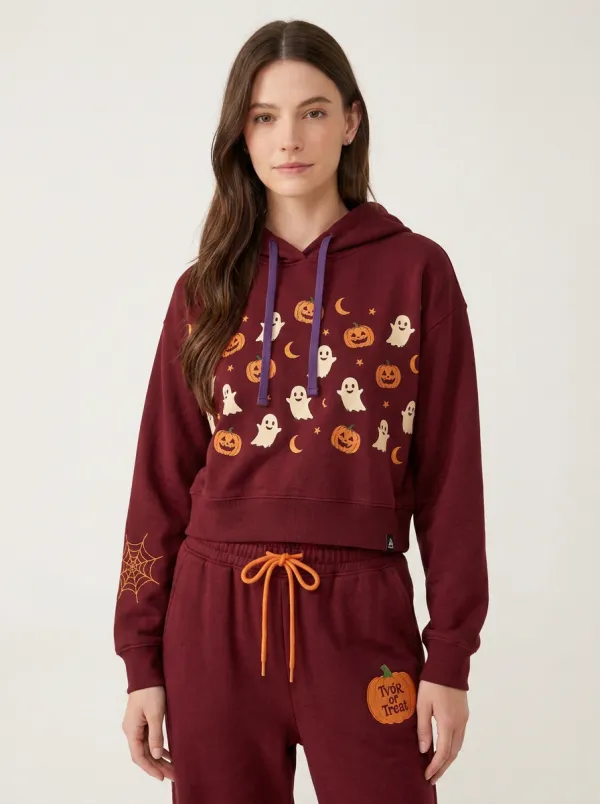 Women's Halloween Ghost Pumpkin Printed Hoodie and Joggers Set