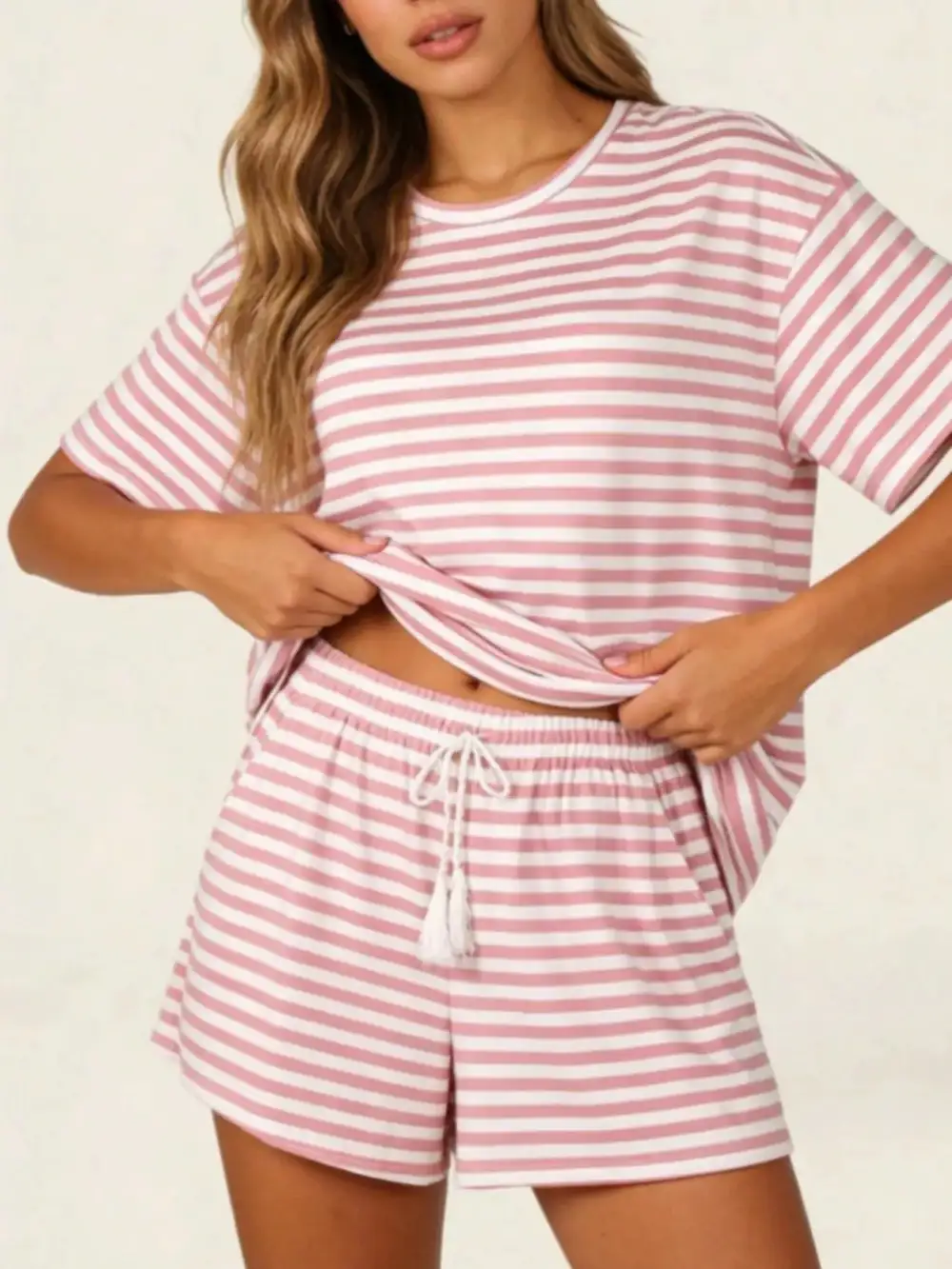 Striped Short Sleeve Tee Drawstring Shorts Set