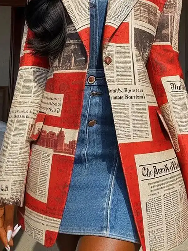 Long Sleeve Relaxed Button Front Newspaper Print Pocket Blazer