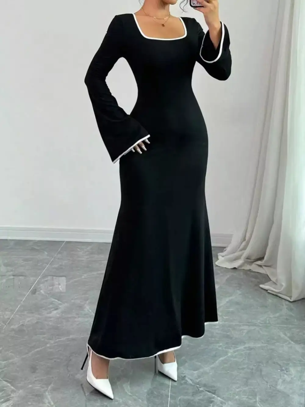 Relaxed Square Neck Flare Sleeve Maxi Dress