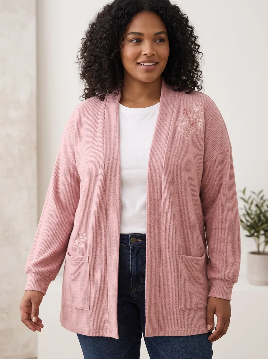 Pink Floral Minimalist Embroidered Ribbed Cardigan