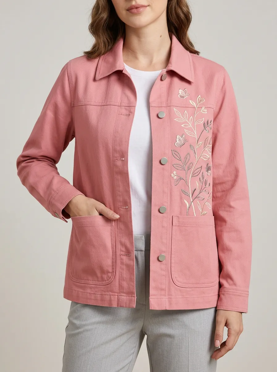 Women's Floral Butterfly Pink Embroidered Denim Jacket