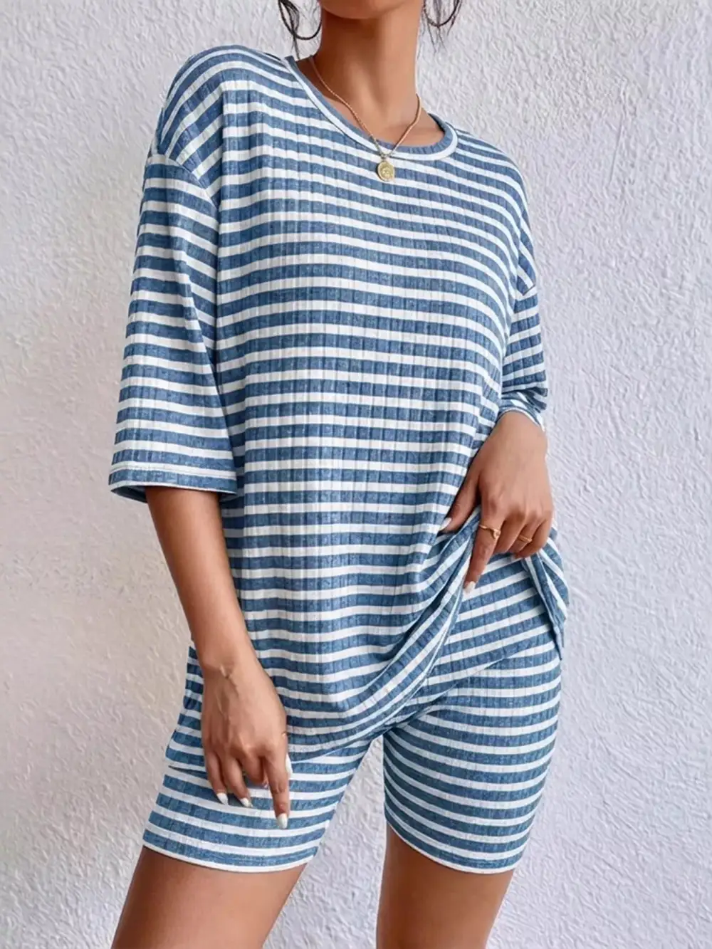 Striped Round Neck Top Shorts Set