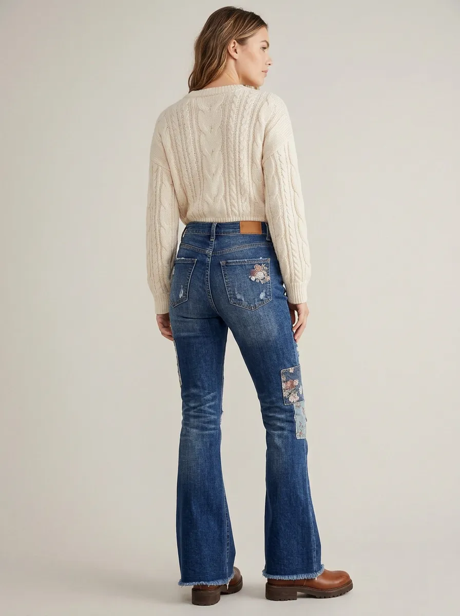 Women's Vintage Floral Patchwork Distressed Printed Jeans