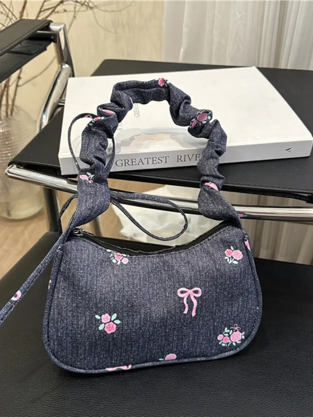 Embroidered Ruched Shoulder Bag